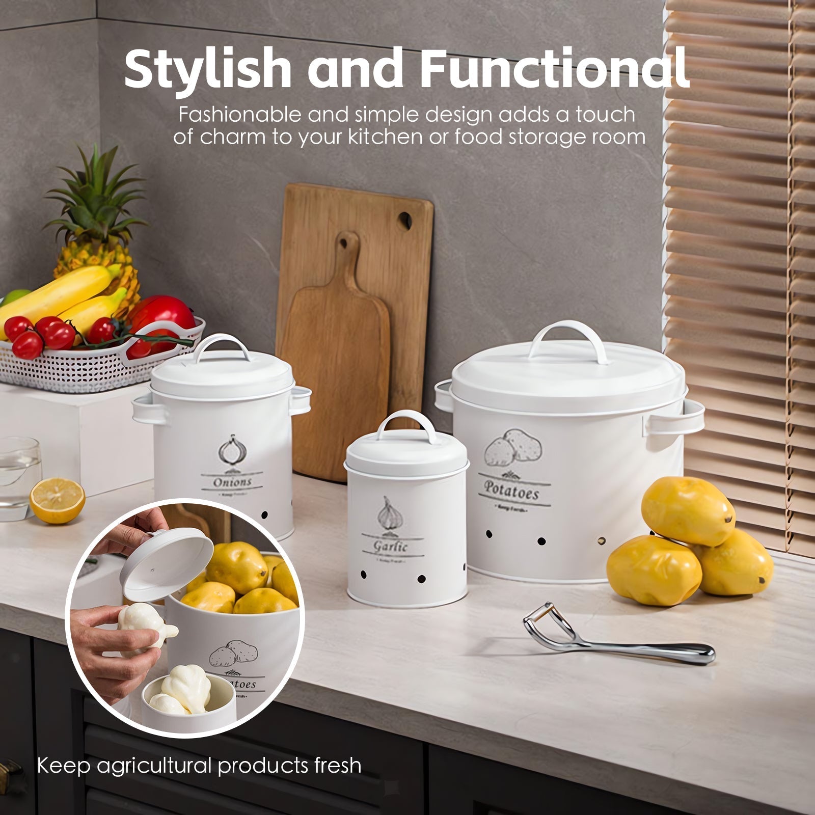 3 Pcs Galvanised Iron Fruit Vegetable Storage Tins - 08