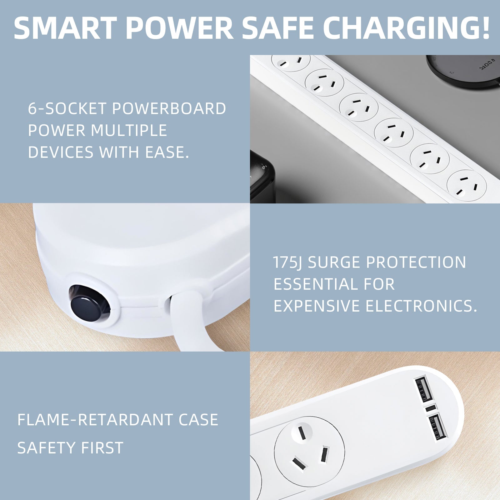 6 Outlet Powerboard With Surge Protection And Dual Usb Charger 1M Lead Cable - 08