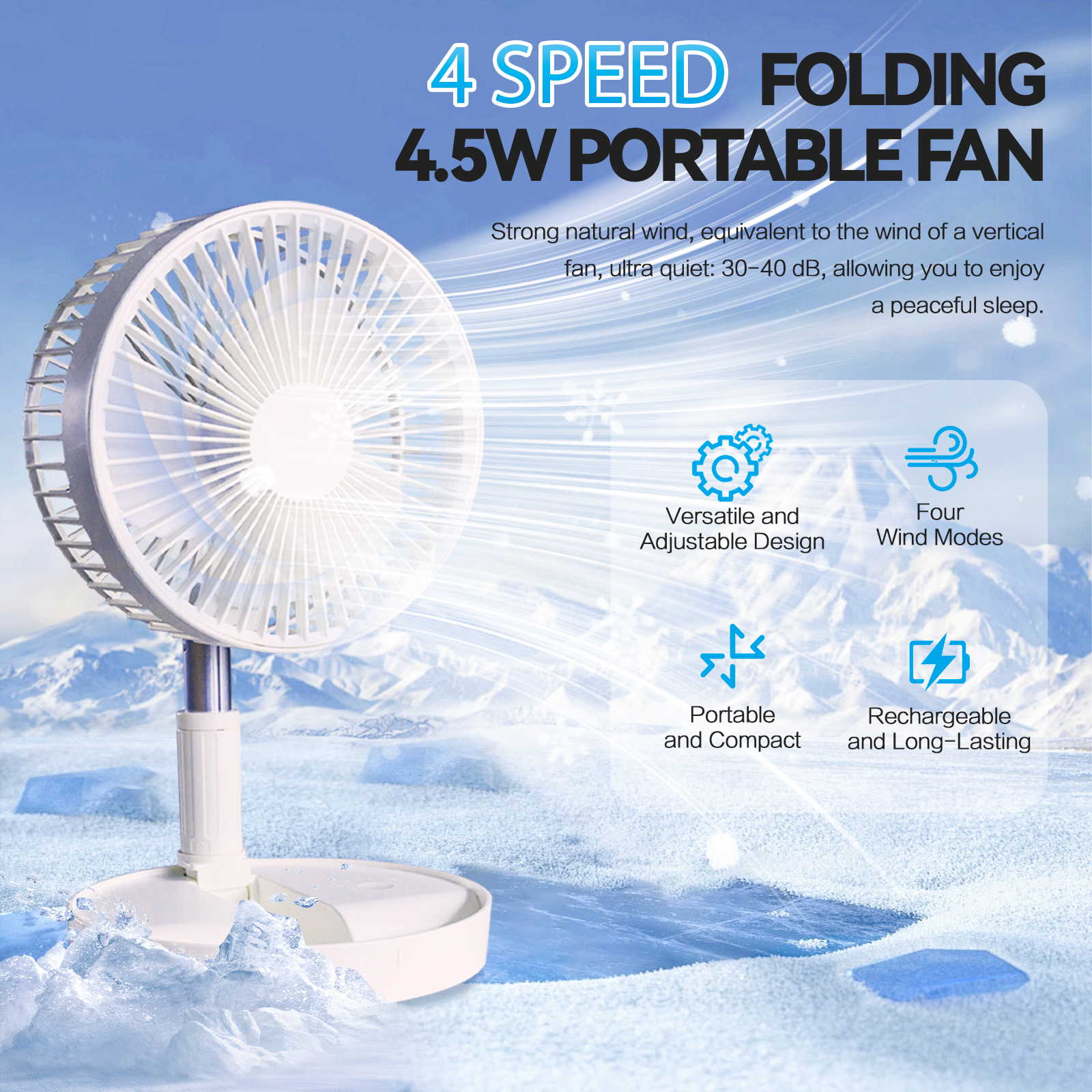 Folding Telescopic 45W Portable Heighttilt Adjustable Rechargeable Cordless Fan - 09
