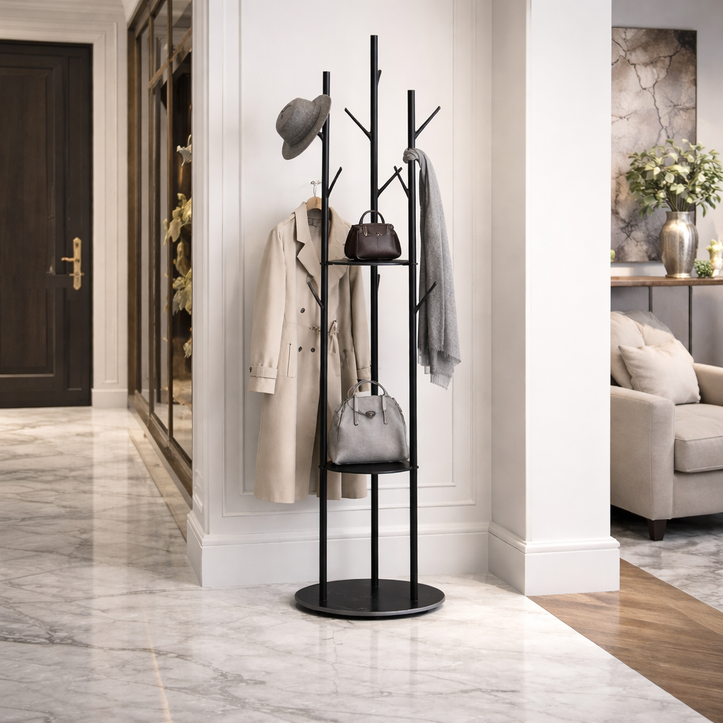 8 Hook Coat Rack Clothes Stand - Black