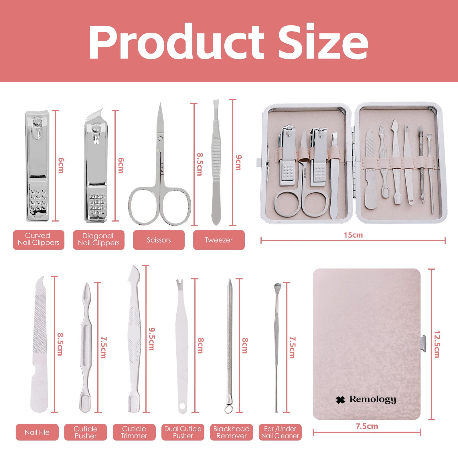 10 Pcs Remology Stainless Steel Manicure Set Silver - 18