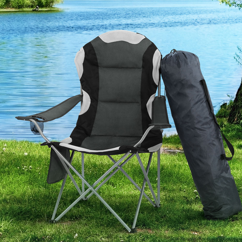 2PCS Camping Folding Chair Portable Outdoor Hiking Fishing Picnic - Grey/Black