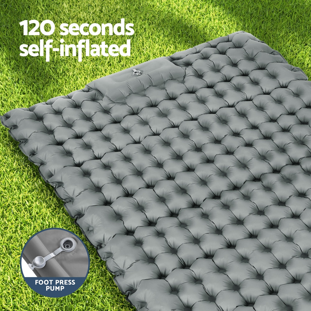 Self Inflating Mattress Camping Sleeping Mat Air Bed Double Pillow Bag - Grey