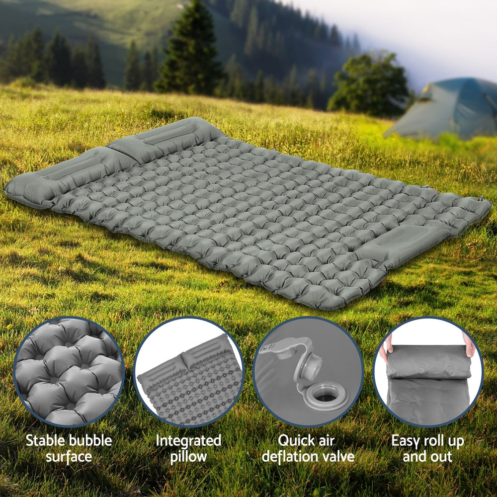 Self Inflating Mattress Camping Sleeping Mat Air Bed Double Pillow Bag - Grey