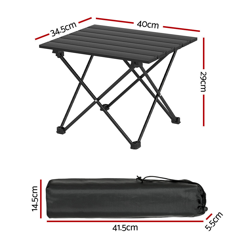 Folding Camping Table 40CM Roll Up Outdoor Picnic BBQ Aluminium - Black