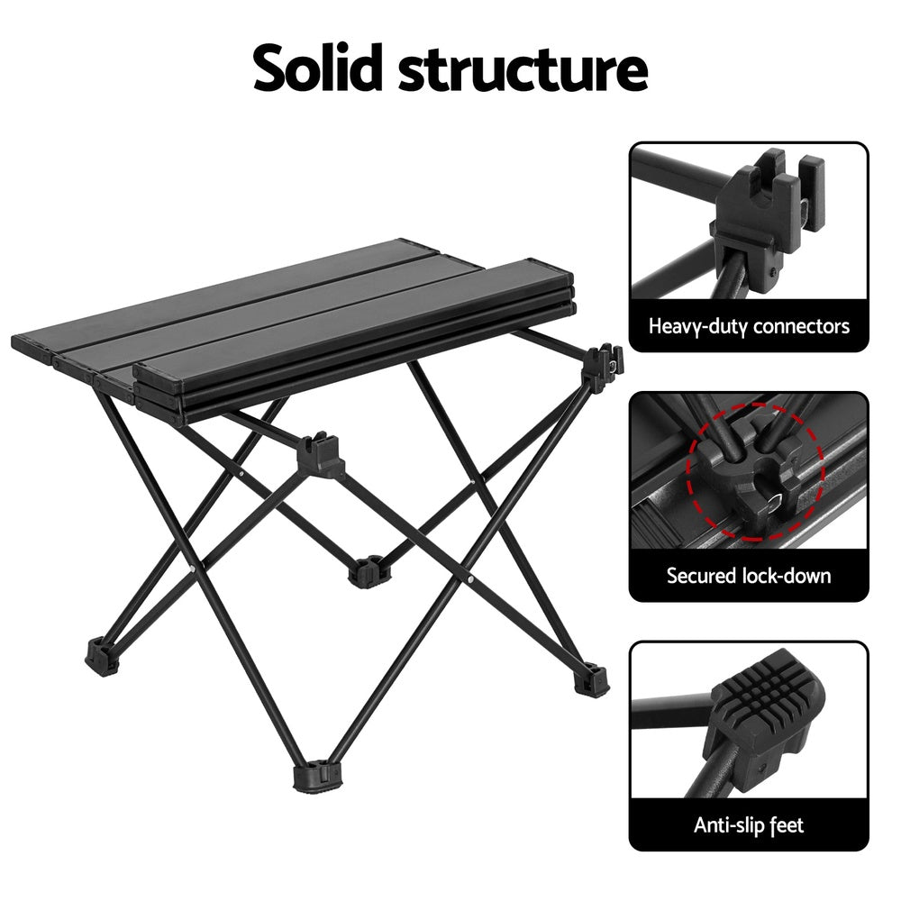 Folding Camping Table 40CM Roll Up Outdoor Picnic BBQ Aluminium - Black