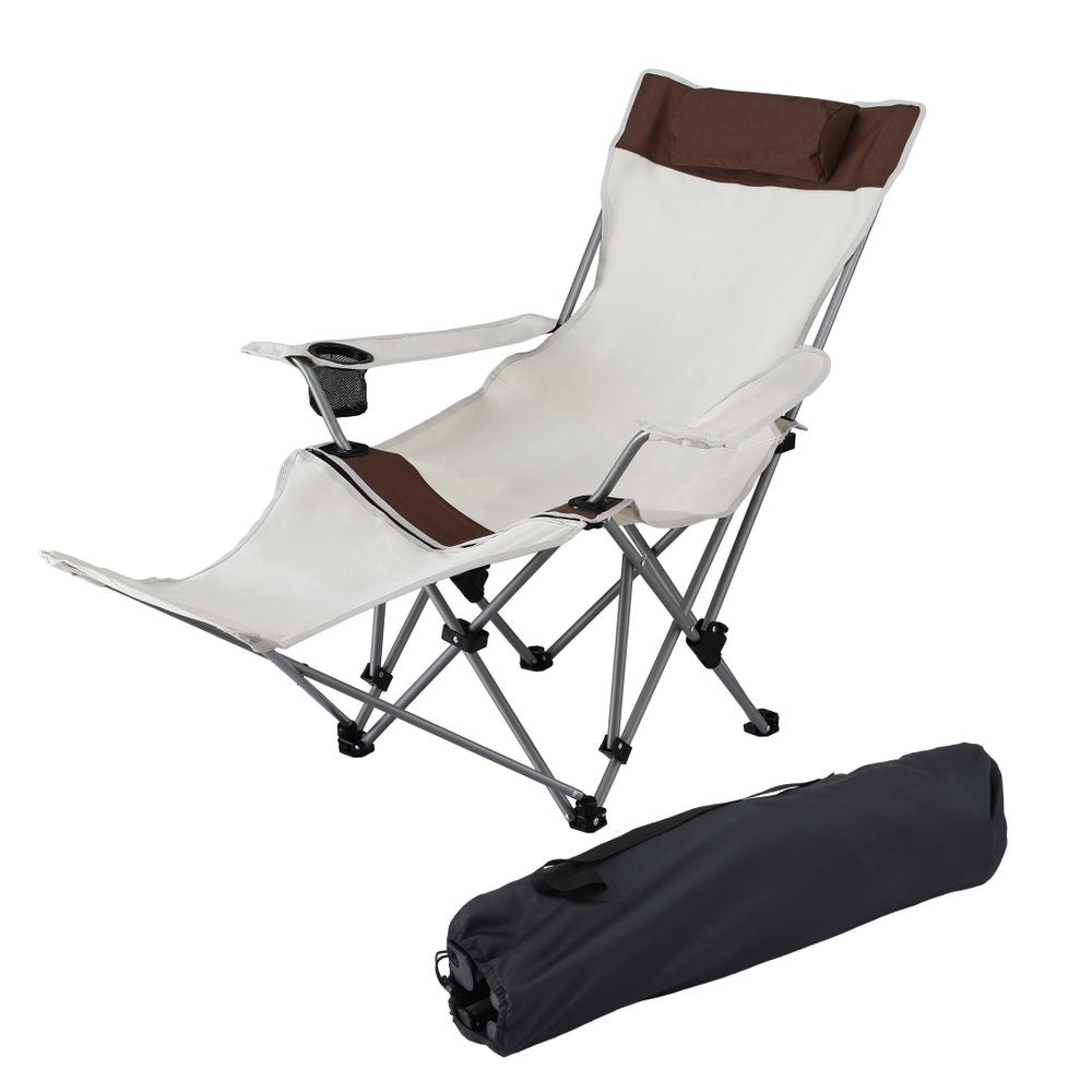 Camping Chair Reclining Adjustable Portable Outdoor Folding Lightweight - White/Brown