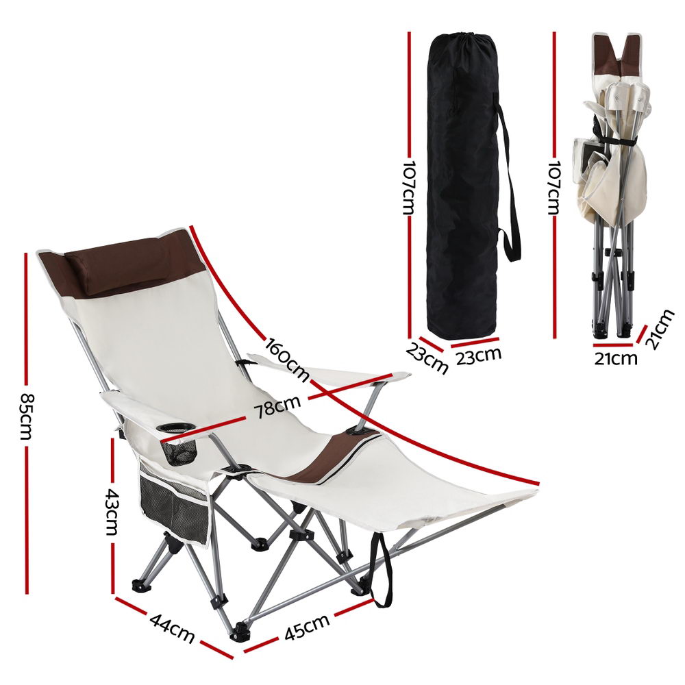 Camping Chair Reclining Adjustable Portable Outdoor Folding Lightweight - White/Brown