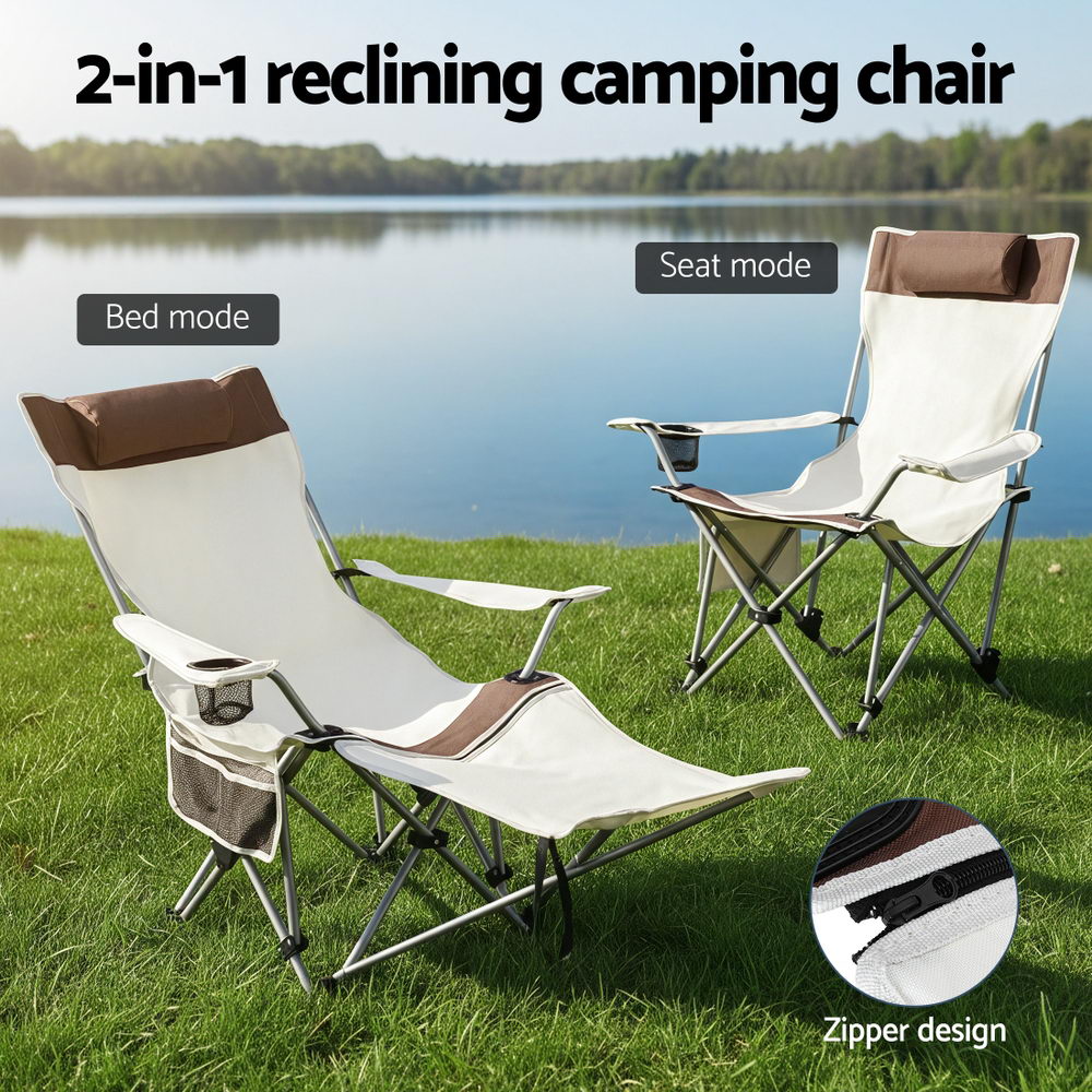 Camping Chair Reclining Adjustable Portable Outdoor Folding Lightweight - White/Brown