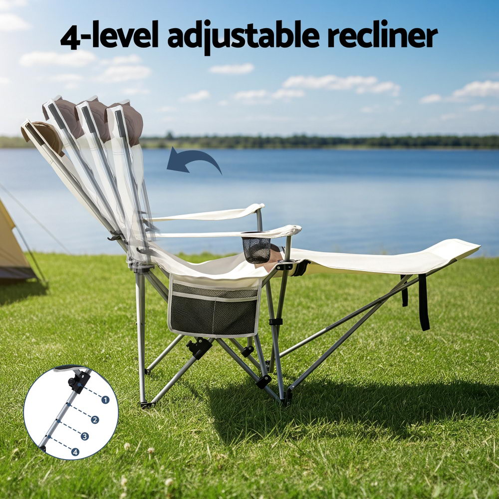 Camping Chair Reclining Adjustable Portable Outdoor Folding Lightweight - White/Brown