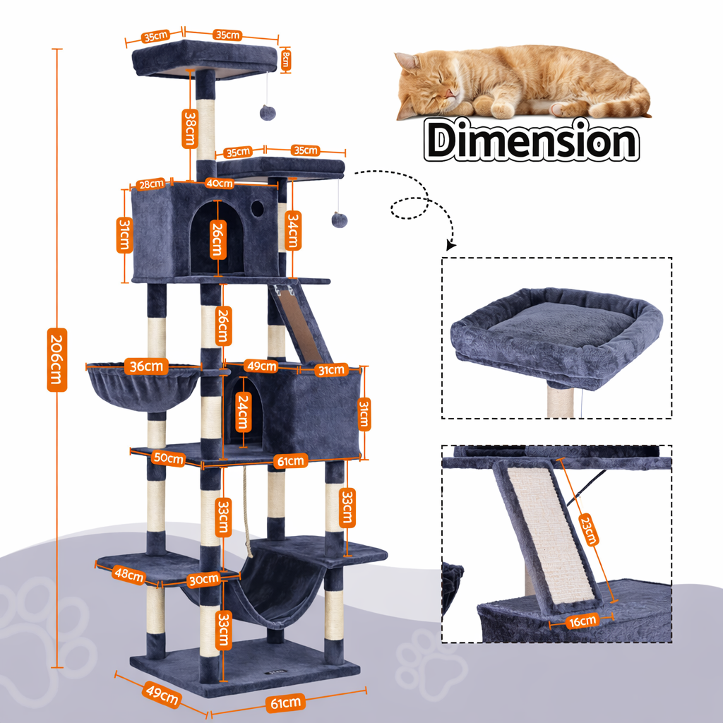 Cat Tree Tower 206cm Large Scratching Post Furniture Scratcher House - Grey