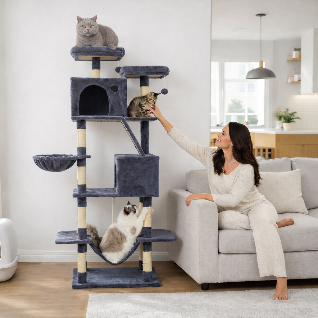 Cat Tree Tower 206cm Large Scratching Post Furniture Scratcher House - Grey