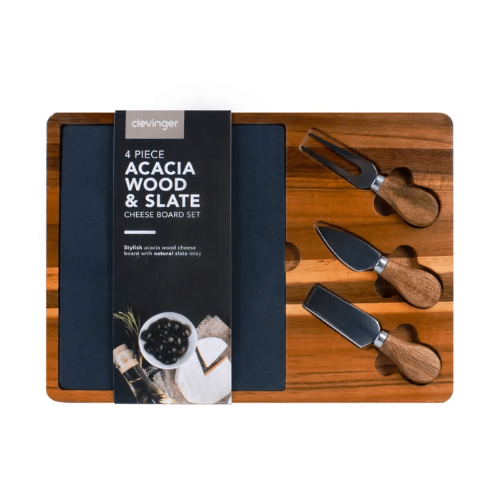 4 Pcs Clevinger Acacia Wood Slate Cheese Board With Knife Set - 01