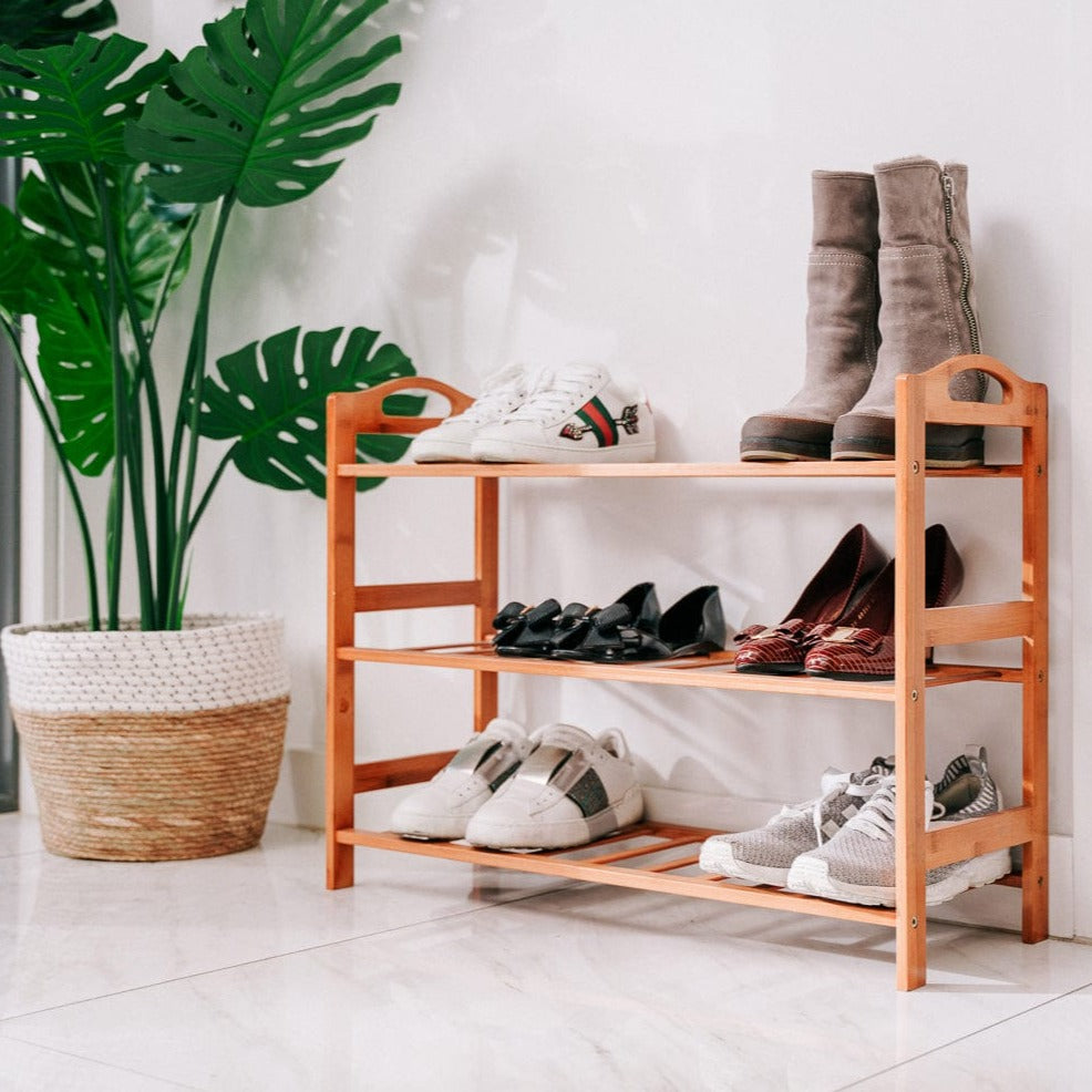 Bamboo 3 Tiers Layers Storage Shoe Rack Organiser - 01