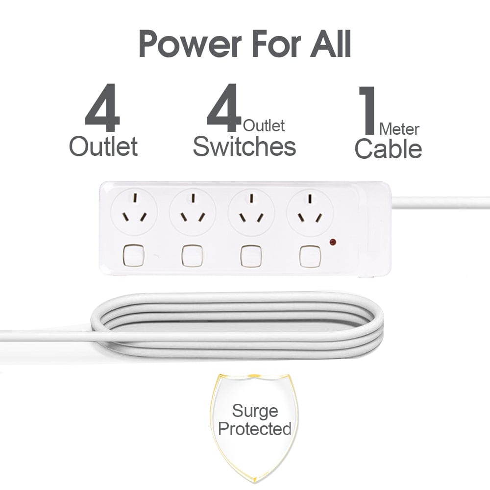 4 Outlet Power Board With Surge Protection With Individual Switches 1M Lead Cable - 08