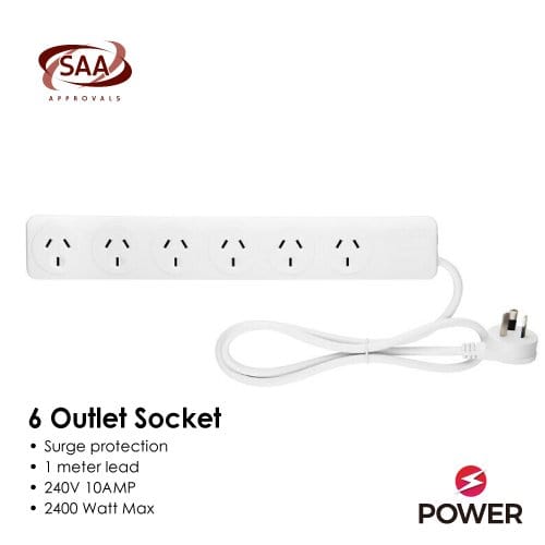 6 Outlet Power Board With Surge Protection 1M Lead Cable - 12