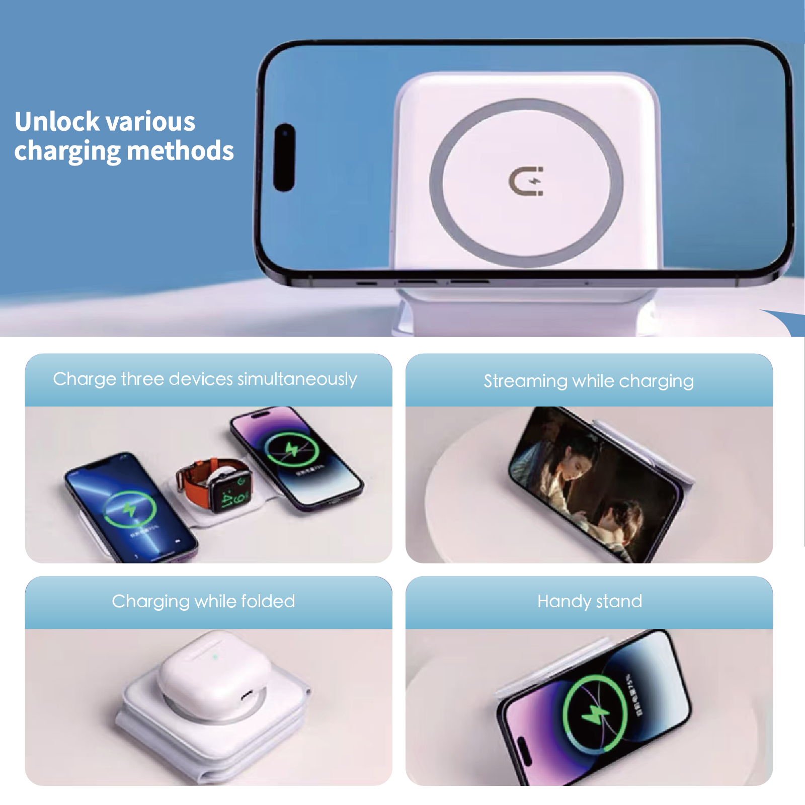 3 In 1 Wireless 15W Qi Fast Charging Foldable Station For Apple Mag Safe - 08