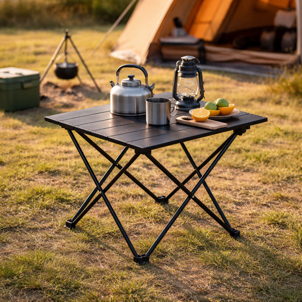 Folding Camping Table 40CM Roll Up Outdoor Picnic BBQ Aluminium - Black