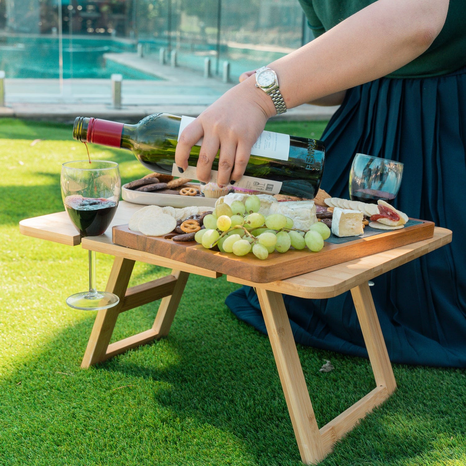 Bamboo Foldable Picnic Table Tray With Wine And Glass Holders - 08