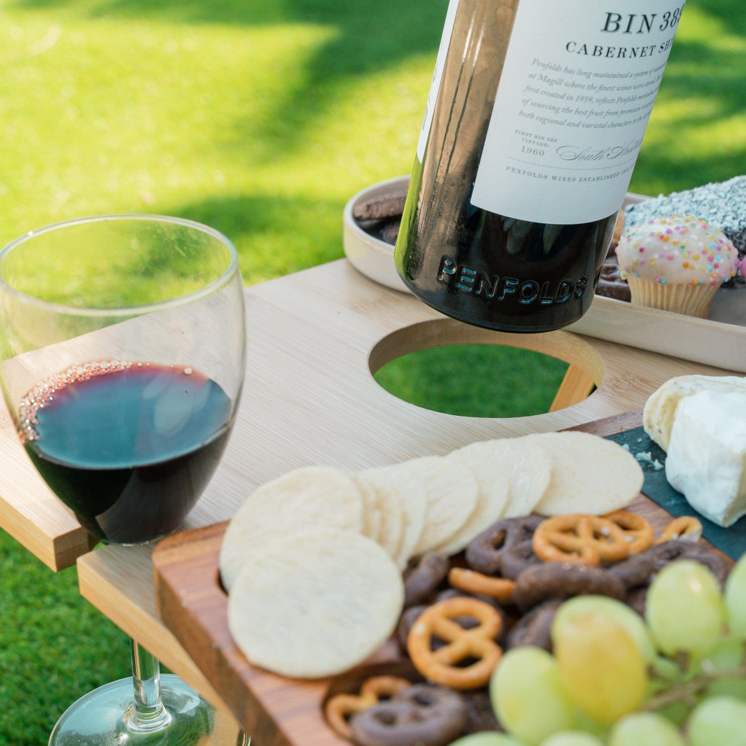 Bamboo Foldable Picnic Table Tray With Wine And Glass Holders - 05