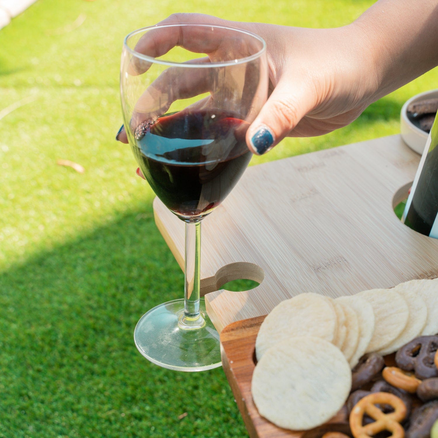 Bamboo Foldable Picnic Table Tray With Wine And Glass Holders - 06