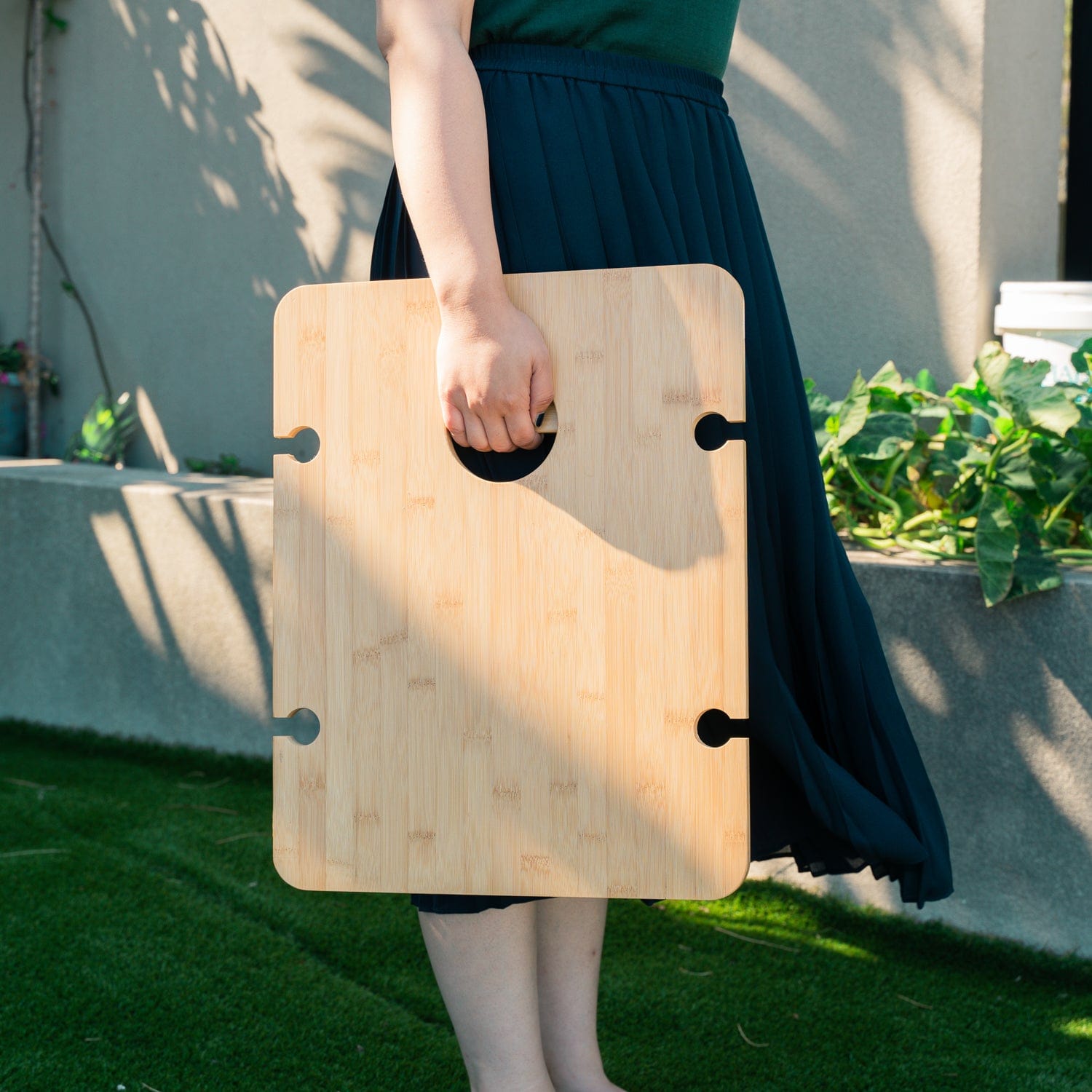 Bamboo Foldable Picnic Table Tray With Wine And Glass Holders - 07