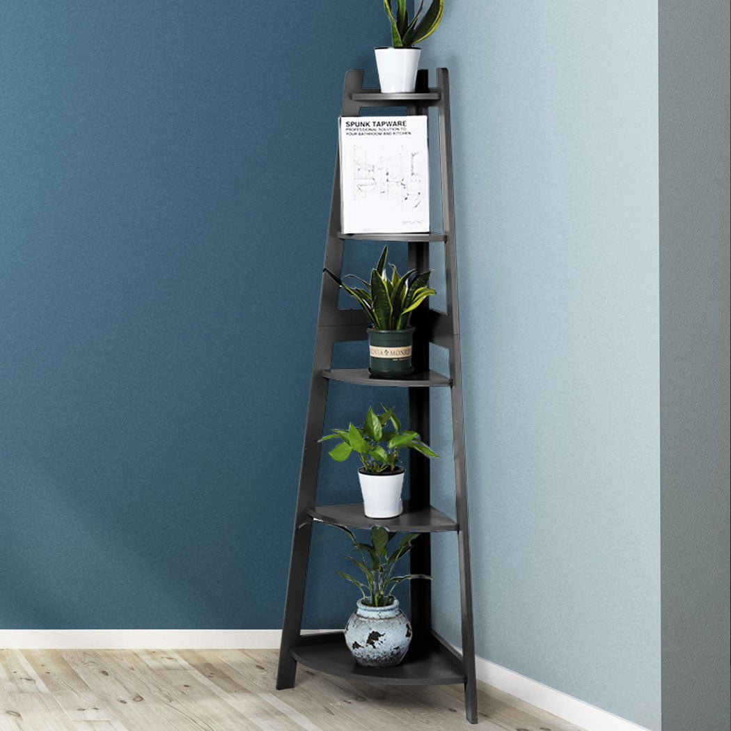 Levede 5 Tier Corner Shelf Wooden Storage Black-1954802945849692166
