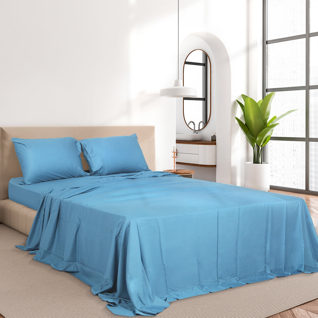 Dreamz 4pcs King Size 100% Bamboo Bed Sheet Set in Blue Colour-2006733220518957062