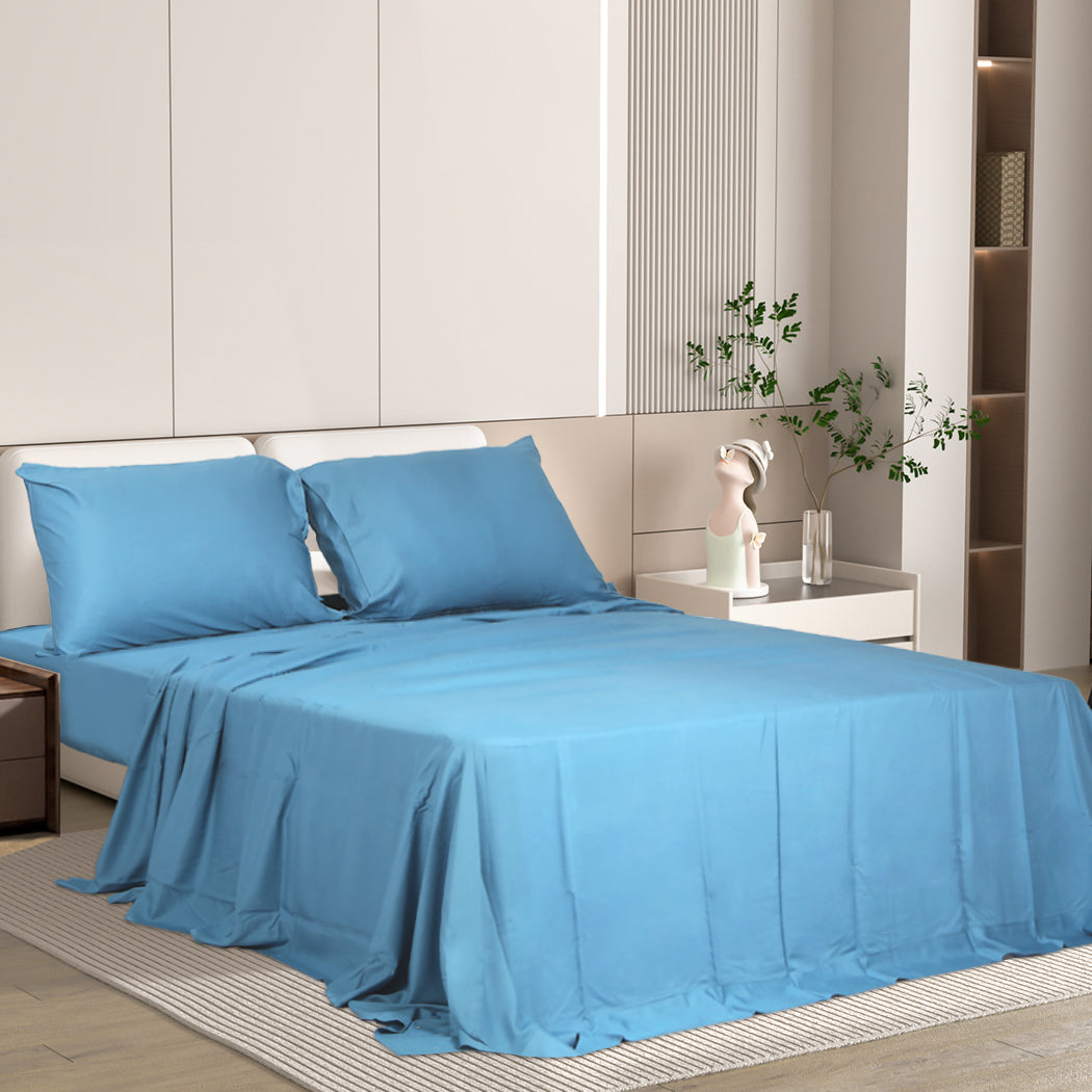 Dreamz 4pcs Double Size 100% Bamboo Bed Sheet Set in Blue Colour-1954802918599299078