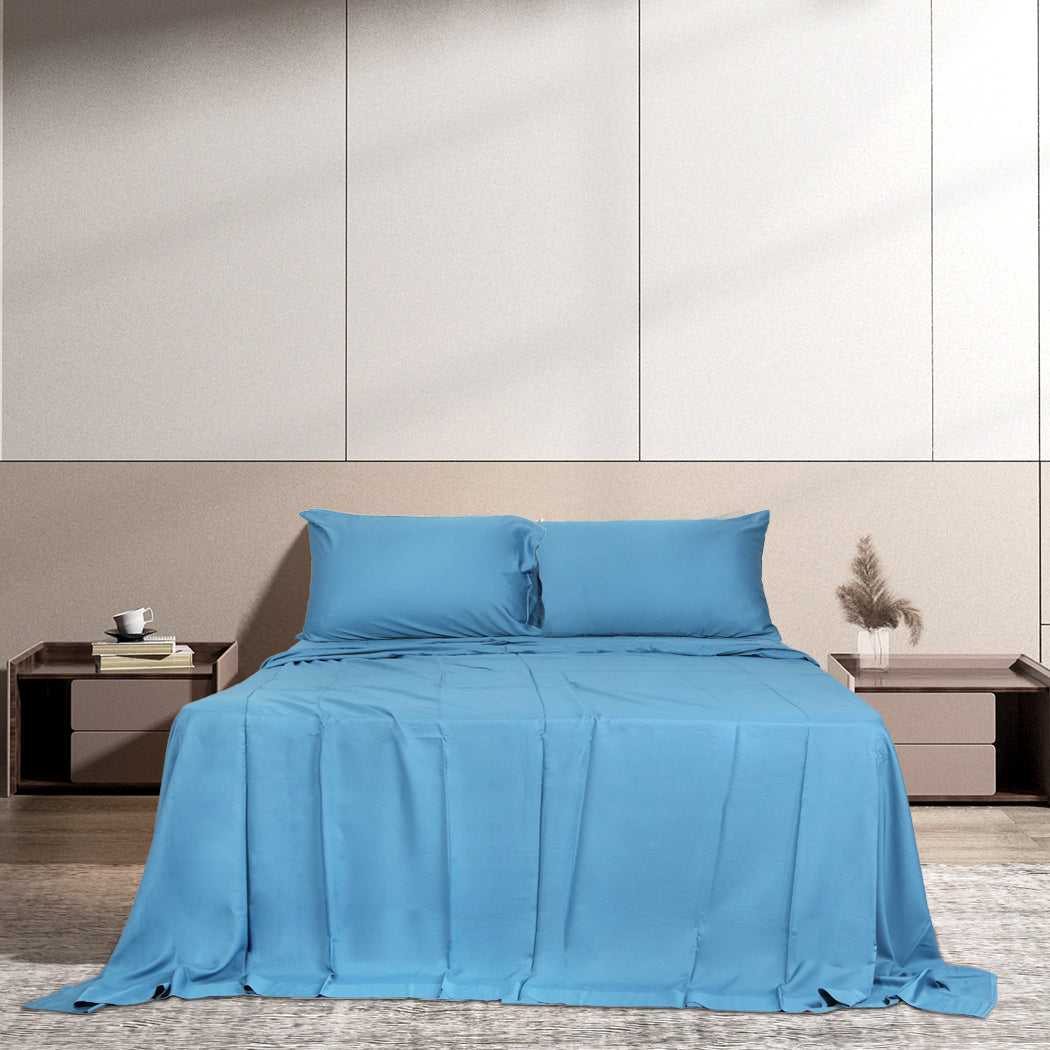 Dreamz 4pcs Double Size 100% Bamboo Bed Sheet Set in Blue Colour-1954802918599299079