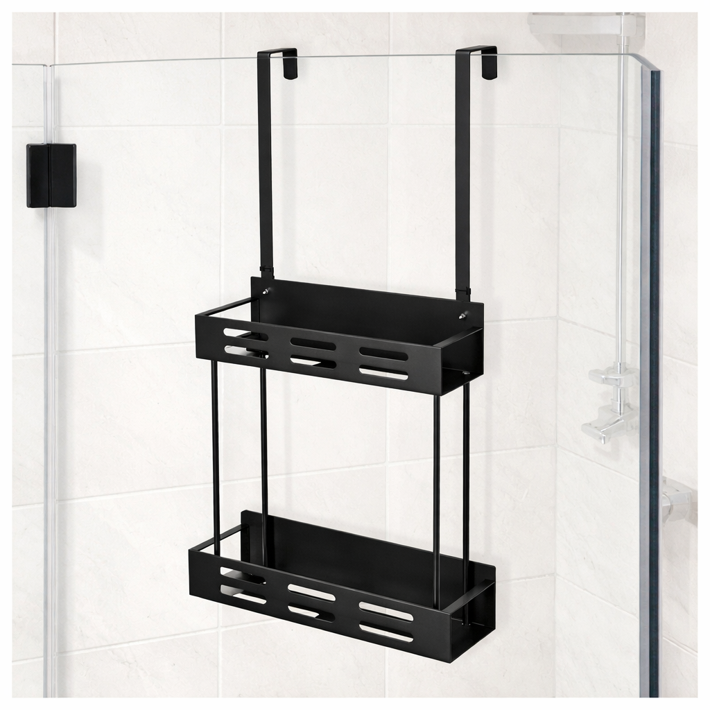 Over the Door 2-tier Shower Caddy Organiser Shelf with Hooks for Bathroom - Black