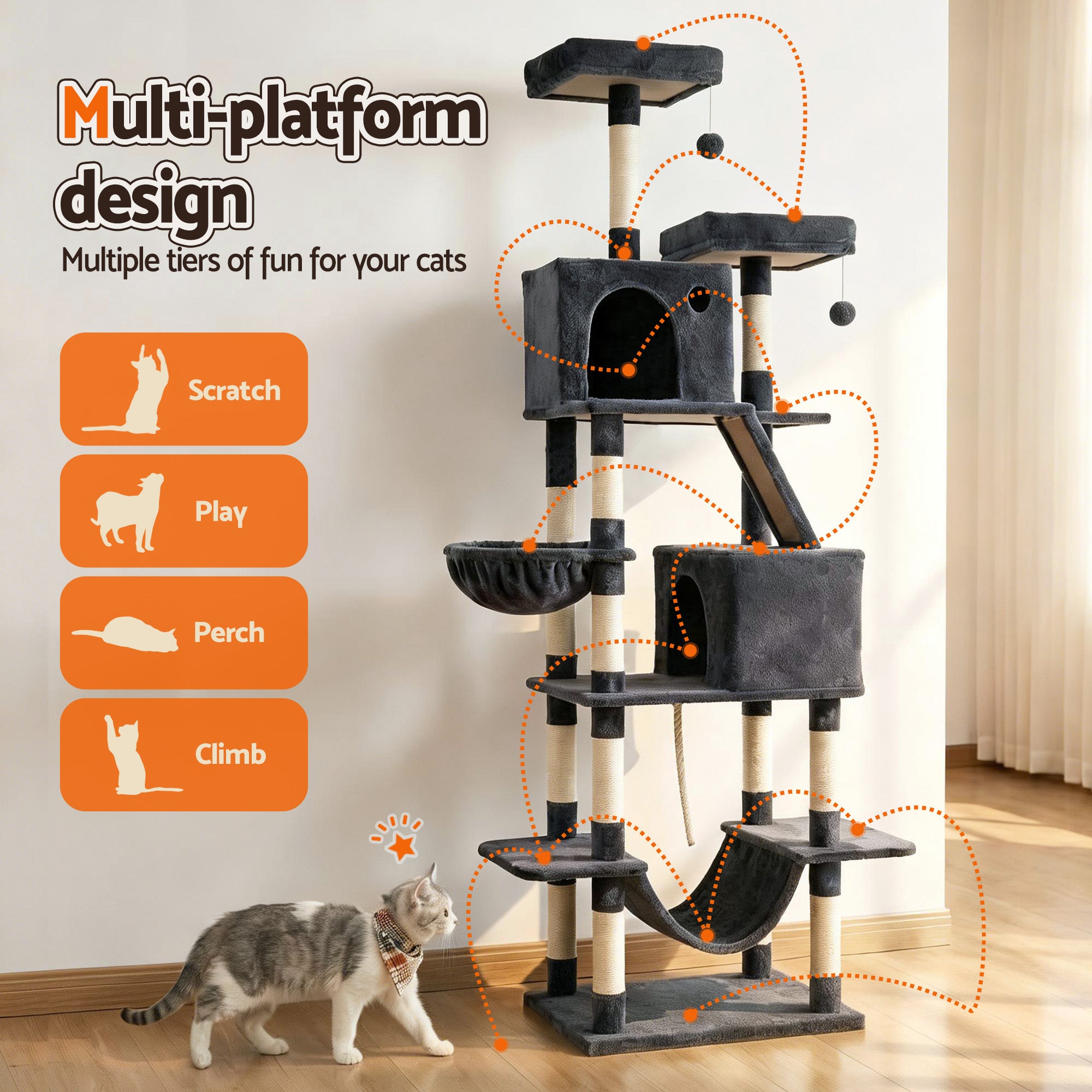 Cat Tree Tower 206cm Large Scratching Post Furniture Scratcher House - Grey