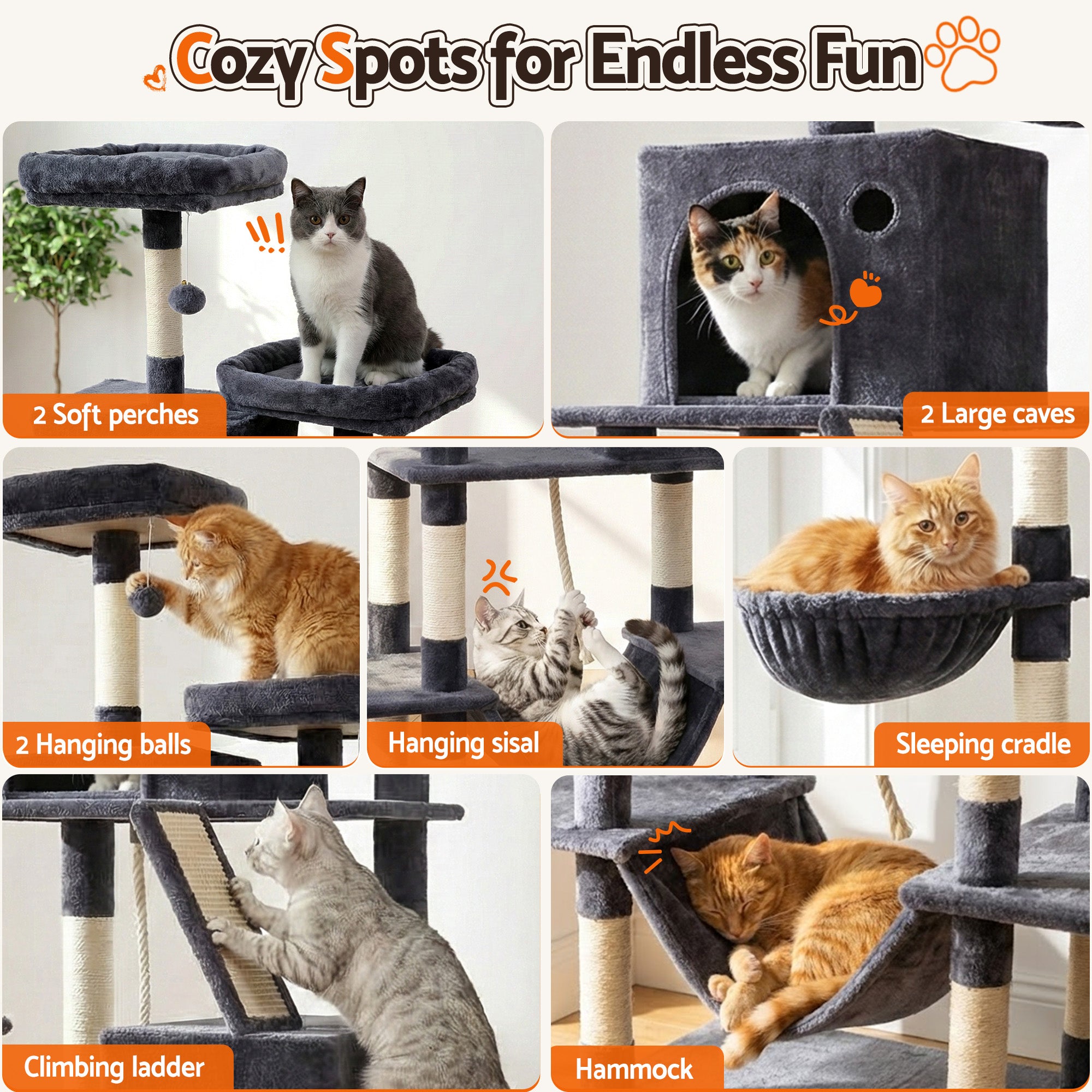 Cat Tree Tower 206cm Large Scratching Post Furniture Scratcher House - Grey
