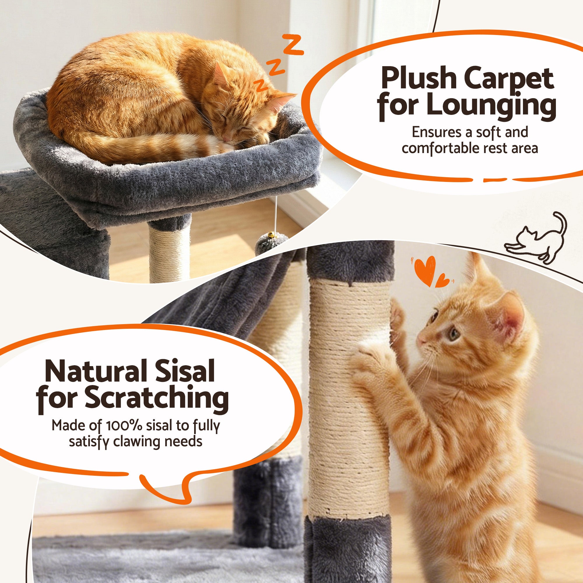 Cat Tree Tower 206cm Large Scratching Post Furniture Scratcher House - Grey