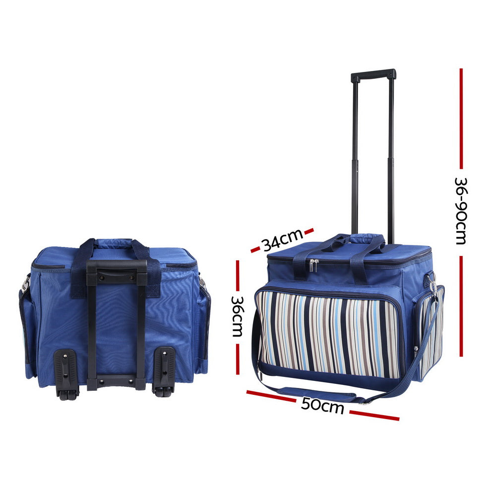 6 Person Picnic Basket Set Bag Wheels Insulated - Blue