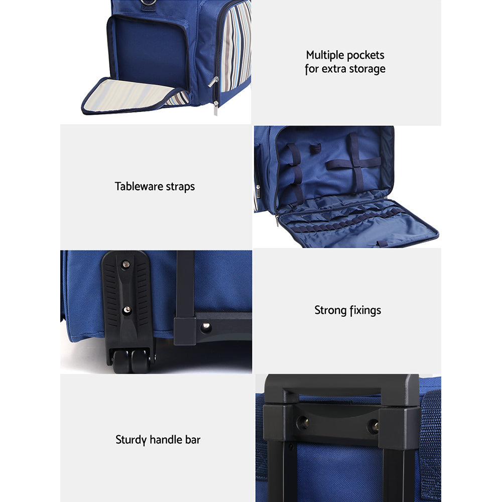 6 Person Picnic Basket Set Bag Wheels Insulated - Blue