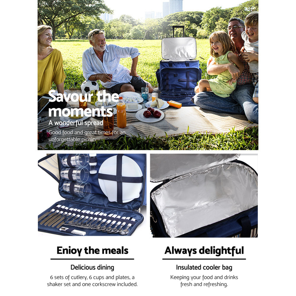6 Person Picnic Basket Set Bag Wheels Insulated - Blue
