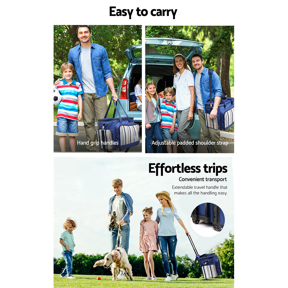 6 Person Picnic Basket Set Bag Wheels Insulated - Blue
