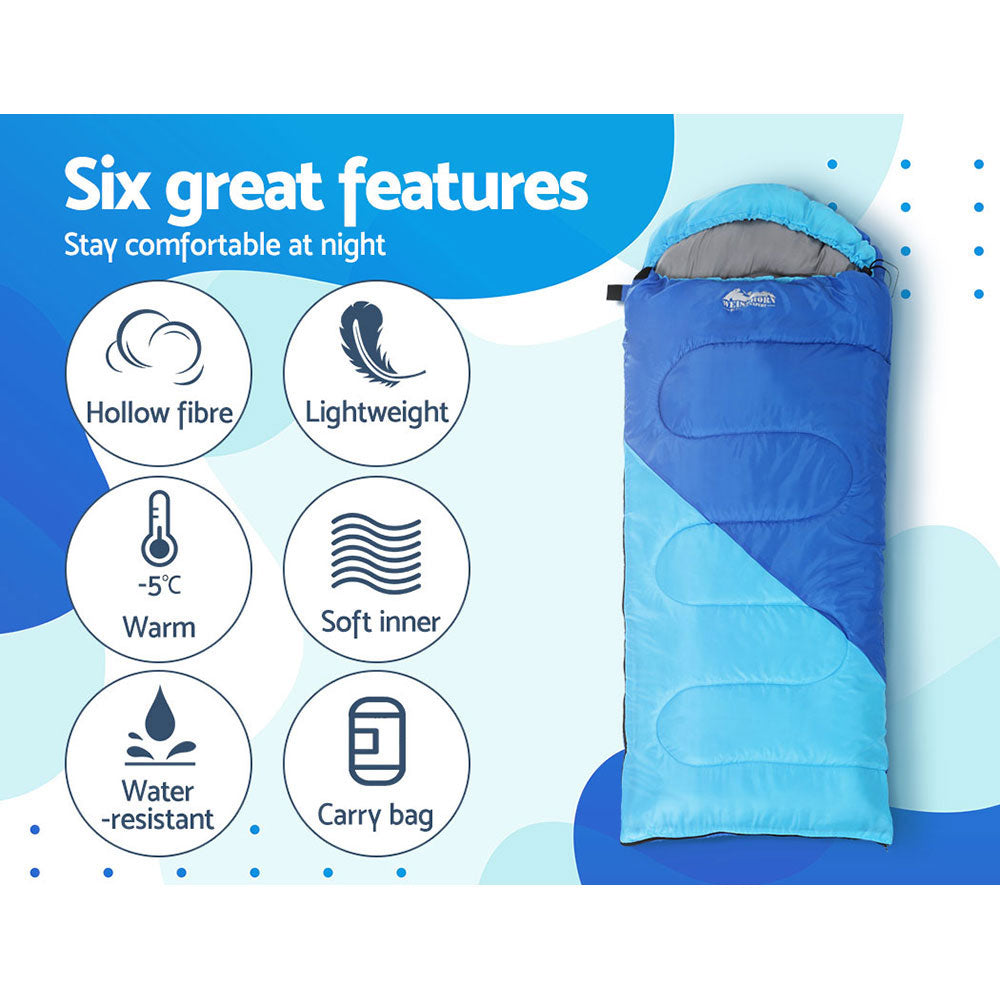 Kids Single Sleeping Bag 172cm Thermal Camping Hiking - Blue