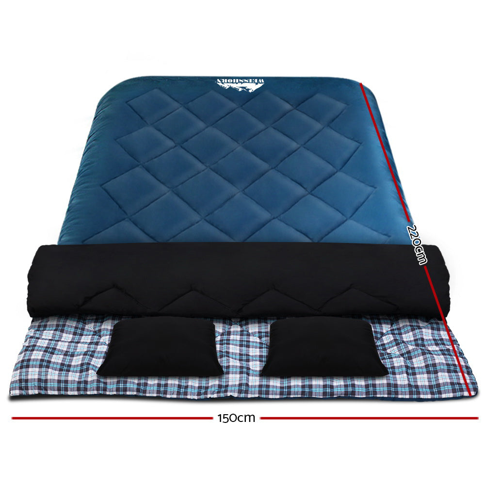 Sleeping Bag Double Pillow Thermal Camping Hiking - Blue