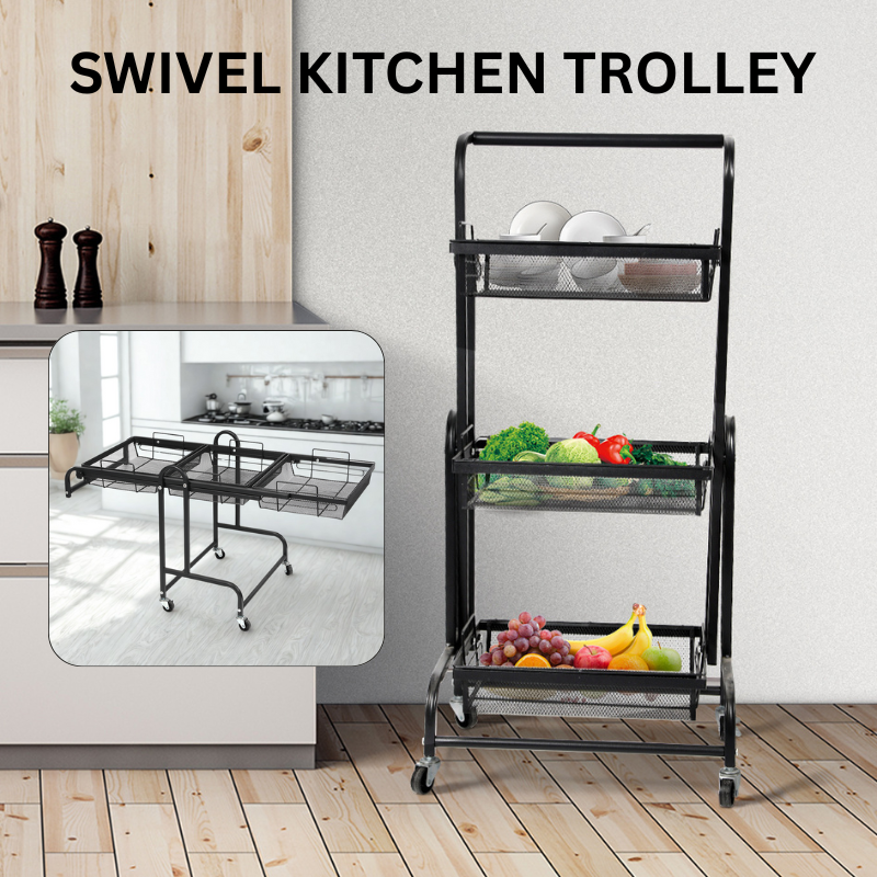 3-Tier Swivel Kitchen Trolley Cart - Black
