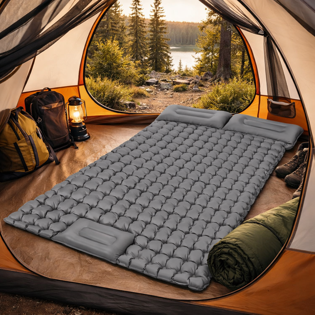 Self Inflating Mattress Camping Sleeping Mat Air Bed Double Pillow Bag - Grey
