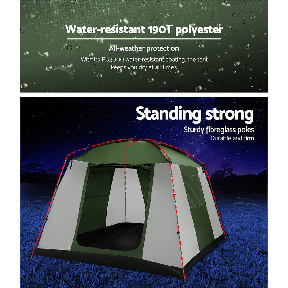 6 Person Camping Tent Family Hiking Dome - Green/White