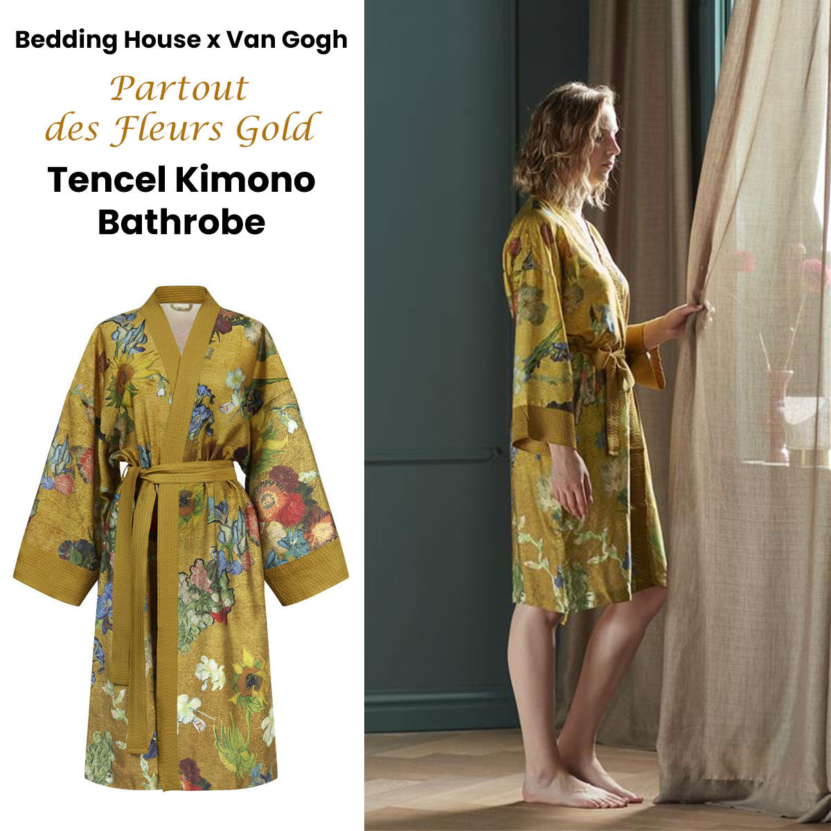 Van Gogh Partout des Fleurs Gold Kimono Bath Robe - Large/Extra Large