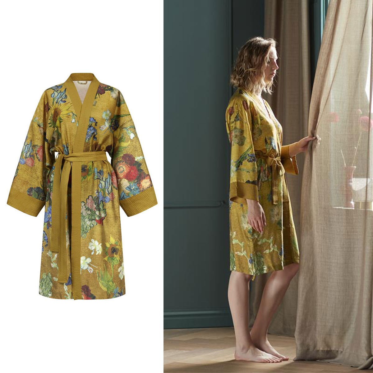 Van Gogh Partout des Fleurs Gold Kimono Bath Robe - Small/Medium