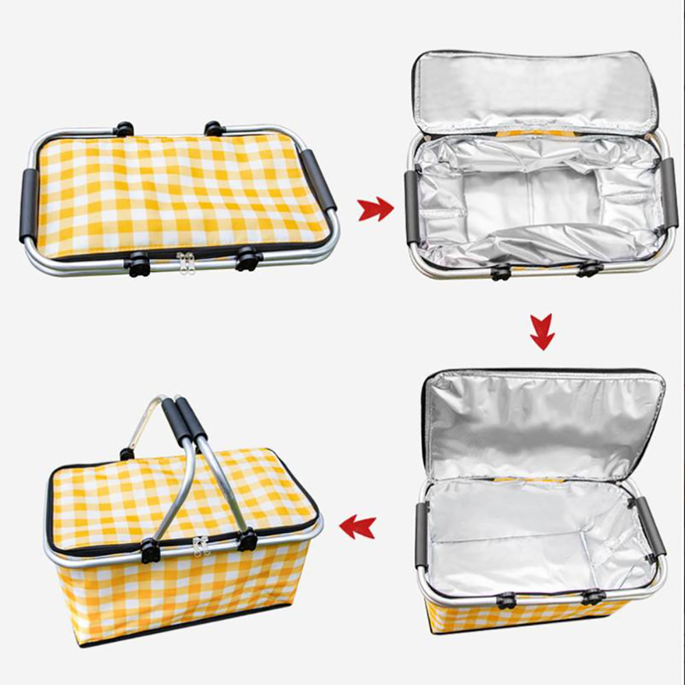 Collapsible Outdoor Camping Portable Insulated Picnic Basket - Yellow Grid