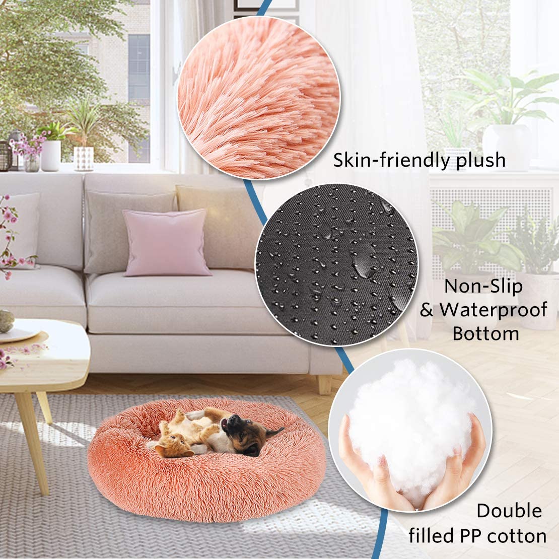 Plush Donut Faux Fur Calming Pet Nest Salmon Pink L - 03
