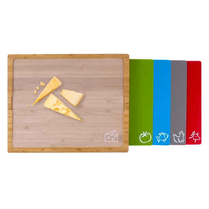Bamboo Chopping Board With 5 Pcs Color Coded Flexible Cutting Mats - 01