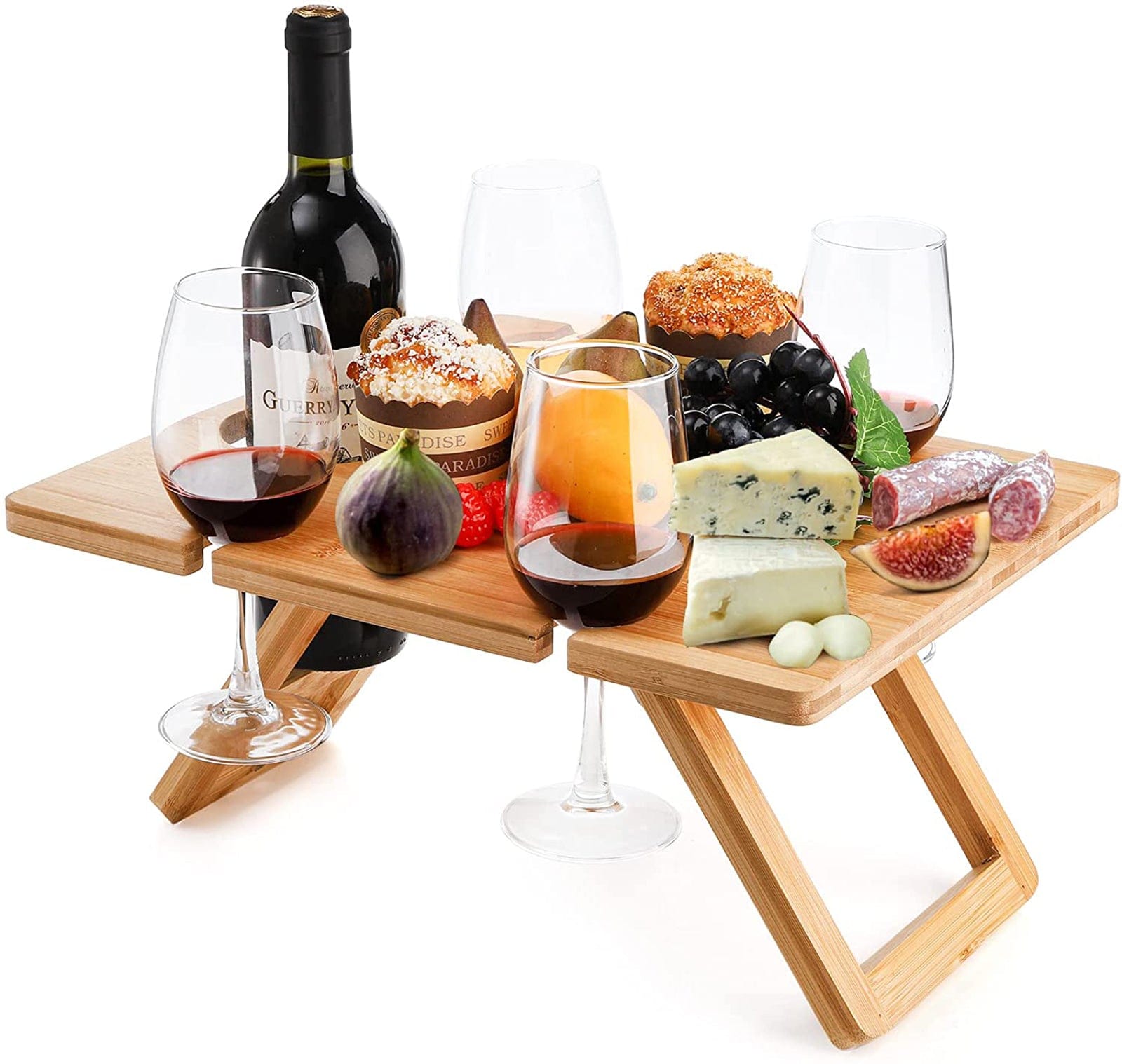 Bamboo Foldable Picnic Table Tray With Wine And Glass Holders - 03