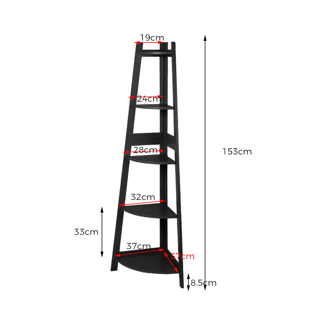 Levede 5 Tier Corner Shelf Wooden Storage Black-1954802945849692162